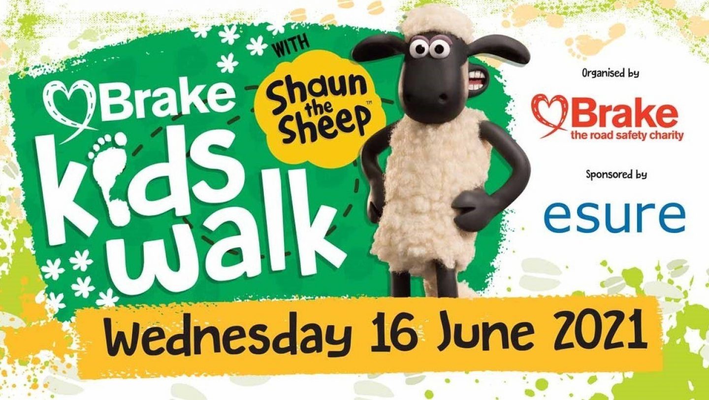 Logo advertising Brake's Kids Walk. Picture of Shaun the Sheep and date Wednesday June 16th